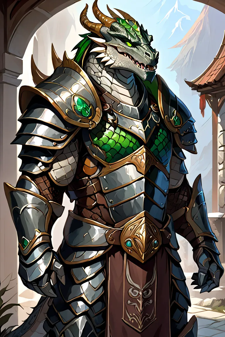 dragonborn homem, great divine warrior wearing heavy plate armor adorned with draconic props that a multicolored circular symbol stands out on his chest, Its gray scales have green features and on the top of its head there is a crest of white crystals with...