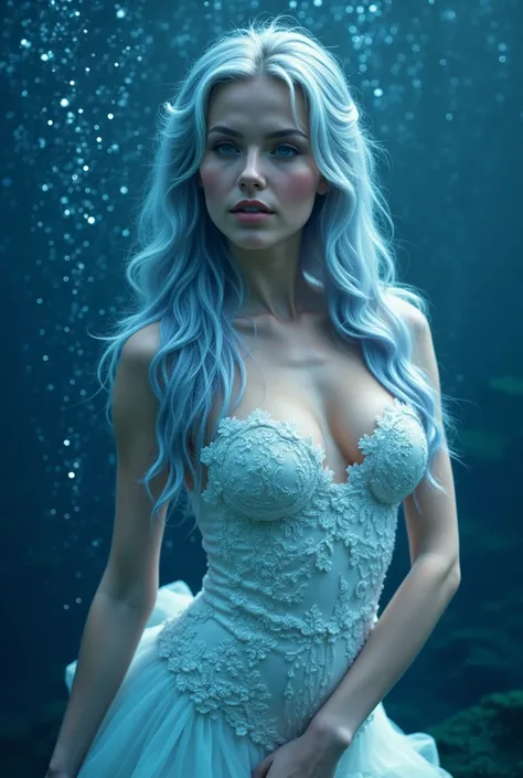 " Aether-like , full body  The princess's of the blue sea mesmerizing appearance、Her celestial blue and gray eyes and ocean blue hair, She embodies the beauty of water and grace. Her face is oval-shaped, She has soft and charming, harmonious contours, She ...