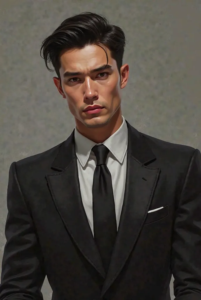 Realistic digital painting handsome young man with black hair 30 years,Strong appearance dazzling hair tidy look dull live-character style,He wears a black suit and is very elegant, serious and sexy.