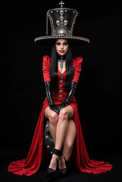 LADY GAGA born this Way long black hair with gothic red church costume black high heels giant latex leather hat with studs and skull chains and crosses sitting on a giant head black background looking forward giant head lady gaga