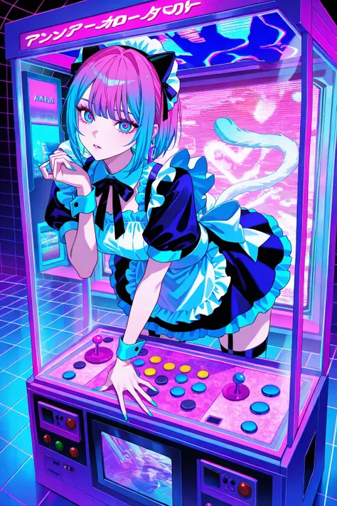 woman focus, cool beauty, gradation color hair, slender body, rest , maid exotic fashion, neon color, Vaporwave, woman inside the glass box, High  resolution, 1 arcade game  machine,