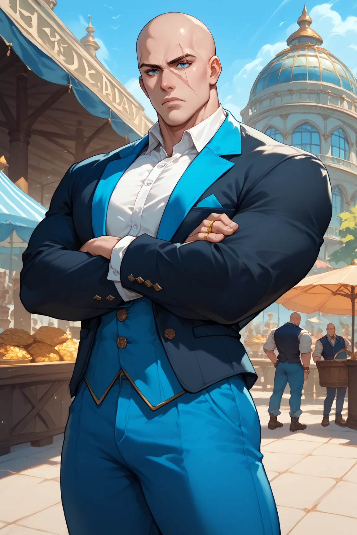 Male, Serious look, muscular, bald, scar on his face, blue eyes, White button-up shirt, blue vest, black jacket, blue pants, standing with arms crossed, gold rings on his fingers, looking at the background is a harbor,