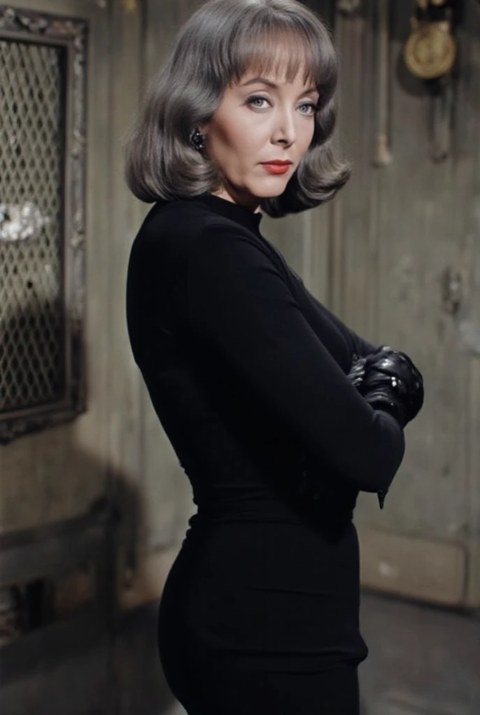 tallulah bankhead as 1966 batman villainess black widow.  woman's age is mid  50s, wearing shoulder length gray hair, wearing her tight fitting black outfit, wearing black earrings, wearing black leather gloves, wearing black knee high leather boots, stand...