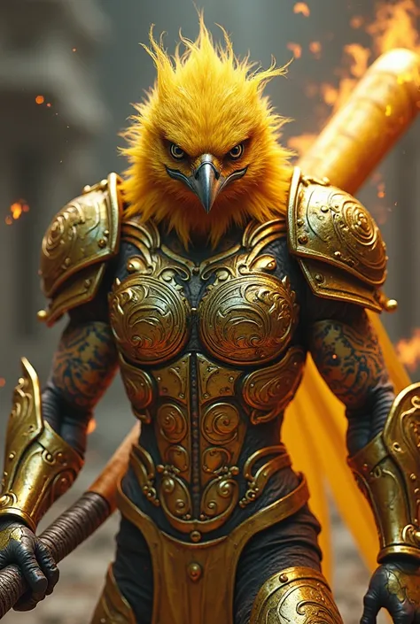 Realistic tattooed yellow hybrid canary, 3D strong golden steel armor with angry face, baseball bat with fire in hand