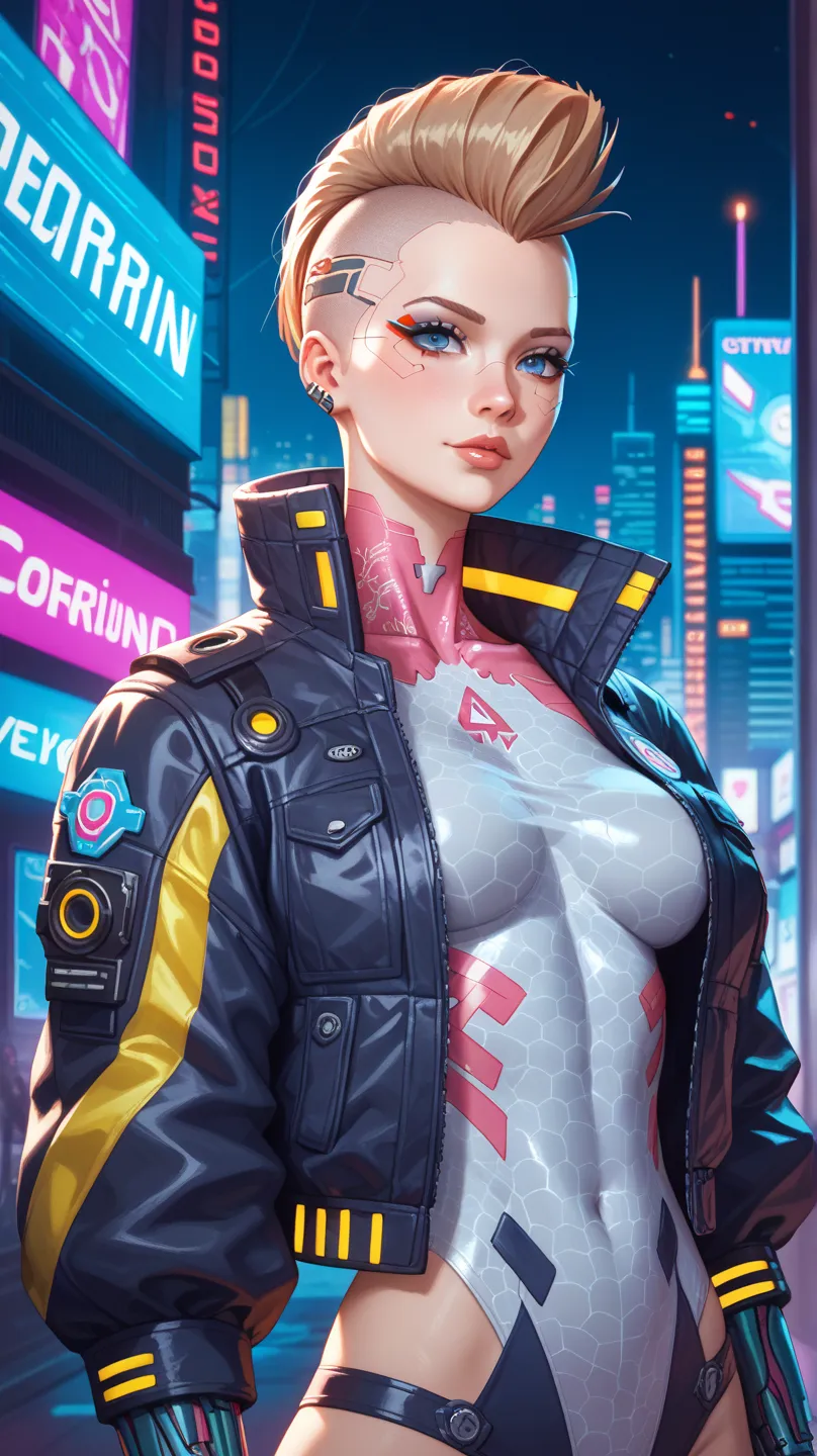 1 girl, rainbow mohawk, petite slim body, maori origin, light brown skin, cyberpunk leisurewear athletic clothing + mirrorshades + urban flash jacket, cyberpunk netrunner, cybernetic implants, detailed face, octane render, highly detailed, 8k, anime, cinem...