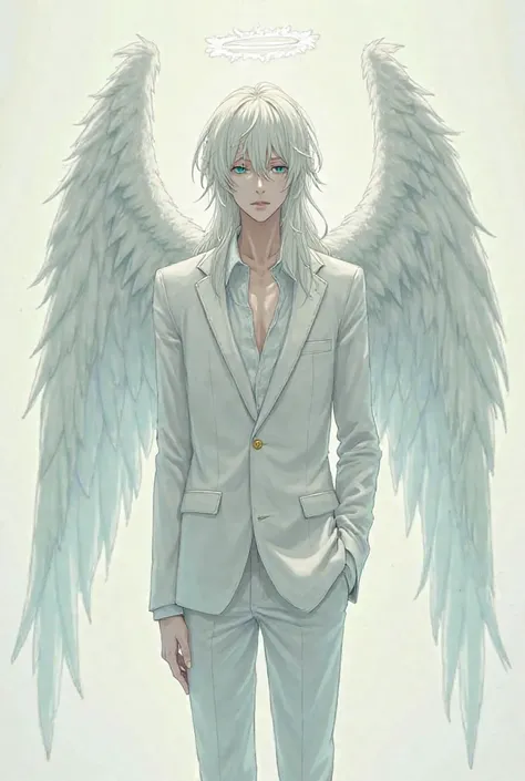 Full-length anime man, thin, with broken white wings, with a halo above your head,  in a white suit , with long white hair,  Blue-eyed , tired