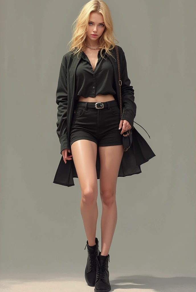 Girl in black short shorts and black tight shirt and black shoes blounde