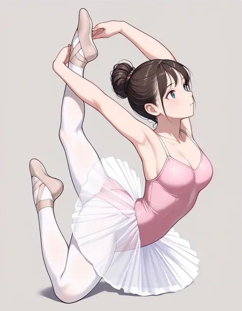 (Masterpiece, Top quality:1.2).
1 girl, attractive girl, beautiful eyes,
Two-dimensional illustration with realistic touch. Soft contrast.

Simple background,

(Ballet, ballerina, ballet leotard,)
(Thin-strap leotard, pink leotard, tutu leotard, white pant...