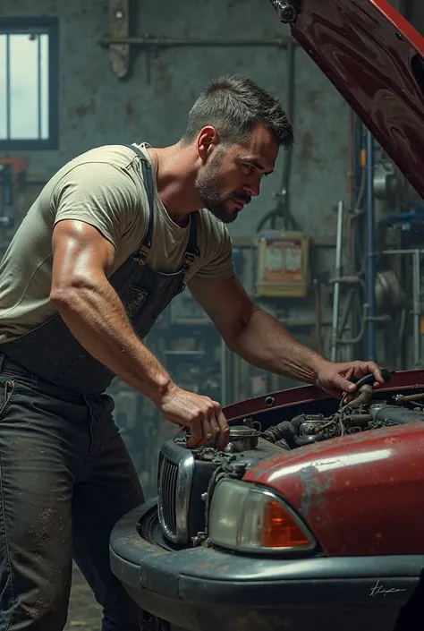 Human worker in an auto repair shop without PPE touching the car