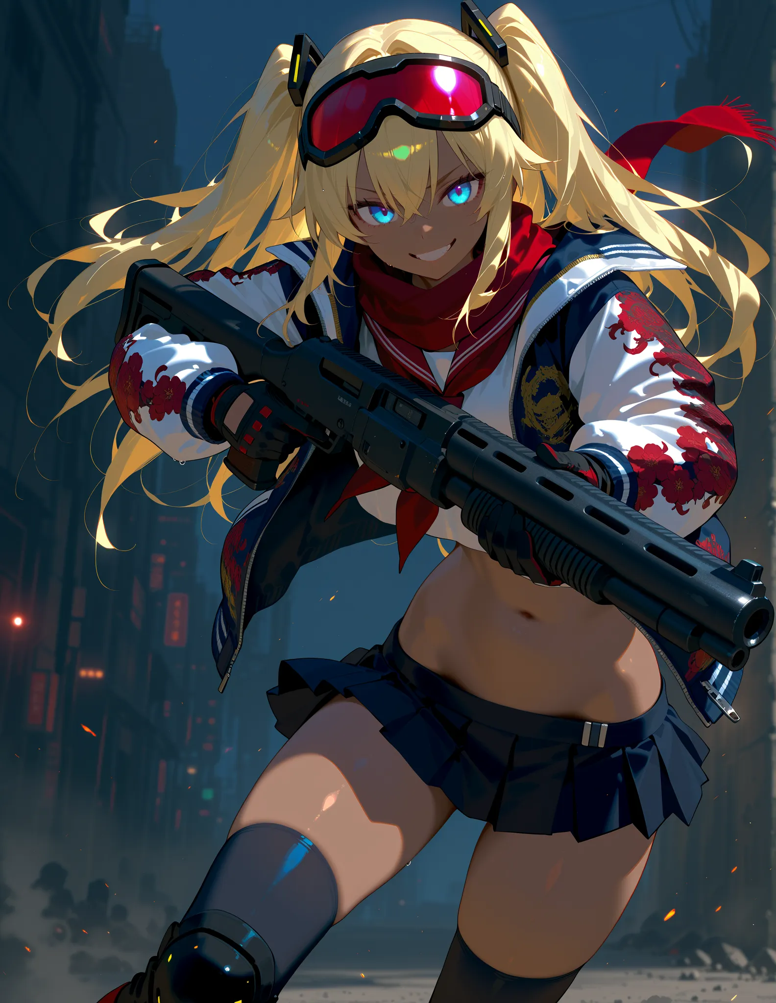 score_9, score_8_up, score_7_up, score_6_up, score_5_up, score_4_up,anime artwork masterpiece,best quality, unreal engine, ultra res, extremely detailed, One Girl,blonde hair,long hair,blue eyes,glowing eye trail,tan skin,biker goggles on head,black sailor...