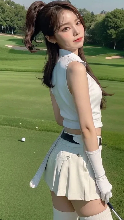 (超high resolution, masterpiece, anatomically accurate, textured skin, Super Detail, Highest quality, high resolution, 8k, bloom,   front light :1.2, perfect dynamic composition), (24 years old, 1 person,  cute and sexy golfer), (sexy face, Long face, Dista...