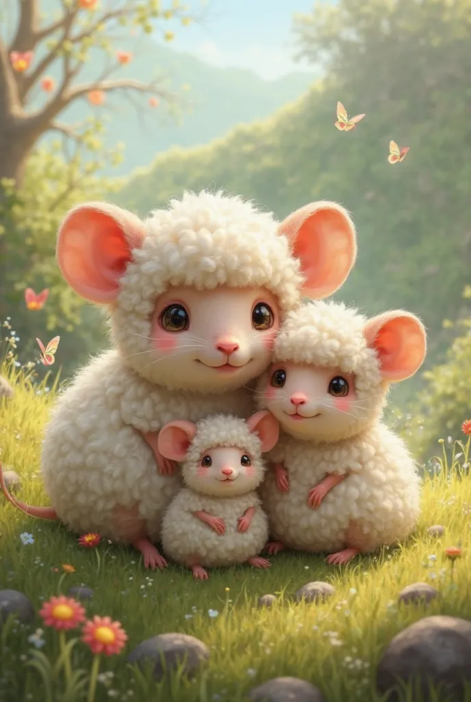 Pair of little mice with the body of a sheep and their son 