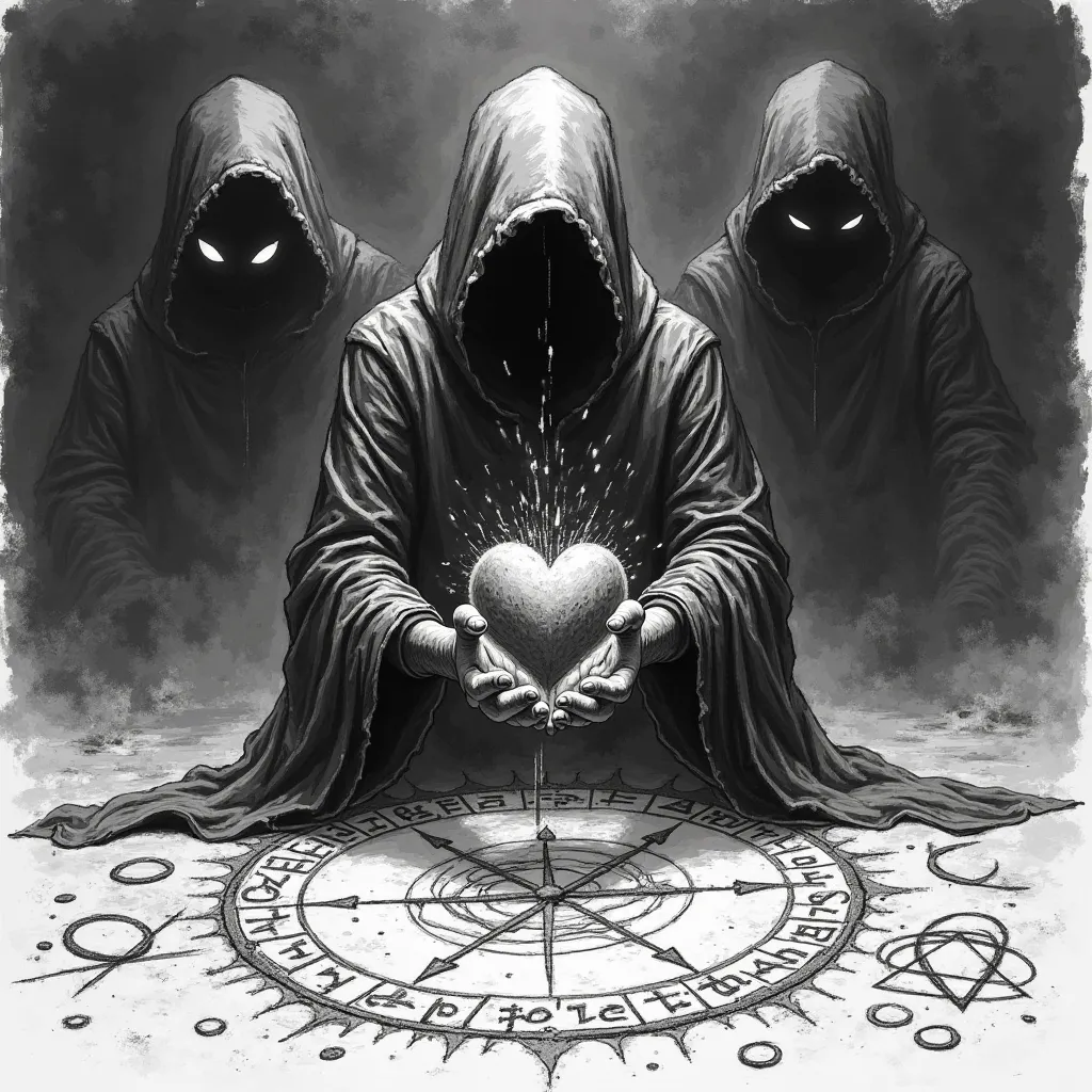 A black and white sketch of a hooded figure performing a demonic ritual. The figure is facing forward, holding a pulsating heart in their hands, with a dark and enigmatic expression. Surrounding them, esoteric symbols are drawn on the ground, glowing with ...