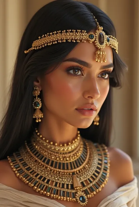 Cleopatra of the present times, Slightly oval face elongated with a harmonious and proportional facial structure, skin tone that varies between ivory and light gold, smooth and lustrous dark black hair, high and smooth forehead with a slight curvature, thi...