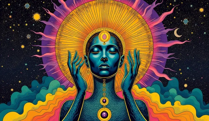 A woman healing a  touching her head
 psychedelic cosmic, oniric, fluid, ethereal,alex gray, Robert crumb, Hiroshi Nagai, paul laffoley, Magnificent, mystical,,
 psychedelic illustration,  alchemy (colors: purple, yellow, blue, green, orange, black)
