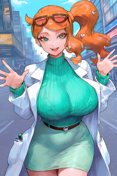 Sonia from Pokemon, 1girl, lab coat, HD, Solo, High Resolution, Smile, Open Mouth, in city, waving, big breasts, 