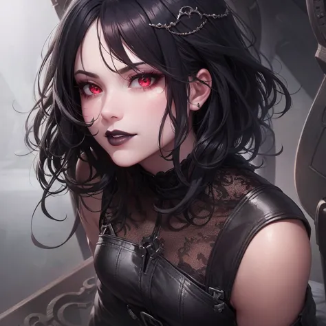 A goth anime girl sitting confidently and provocatively on a Futuristic chair. She has long black hair with silver highlights, intense red eyes and striking makeup, including black lipstick and dramatic eyeliner.  Her clothes are bold : a short leather top...