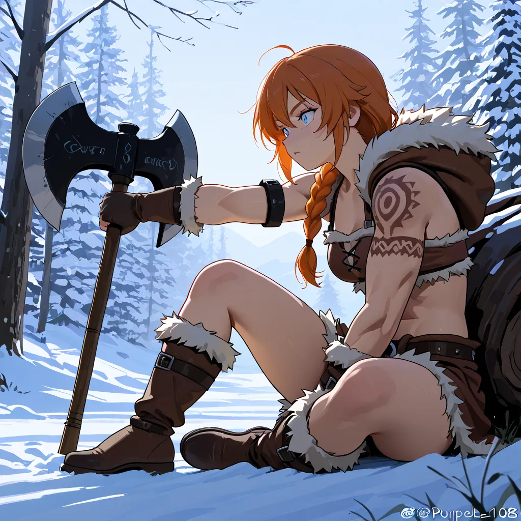 (masterpiece), best quality, newest, absurdres, highres, perfect anatomy, 1girl, artist: (PurpleStar108), Orange hair, hair tied in a medium braid, light blue eyes, {{{double-edged axe}}}, correct axe position grip, correct grip position, barbarian outfit,...