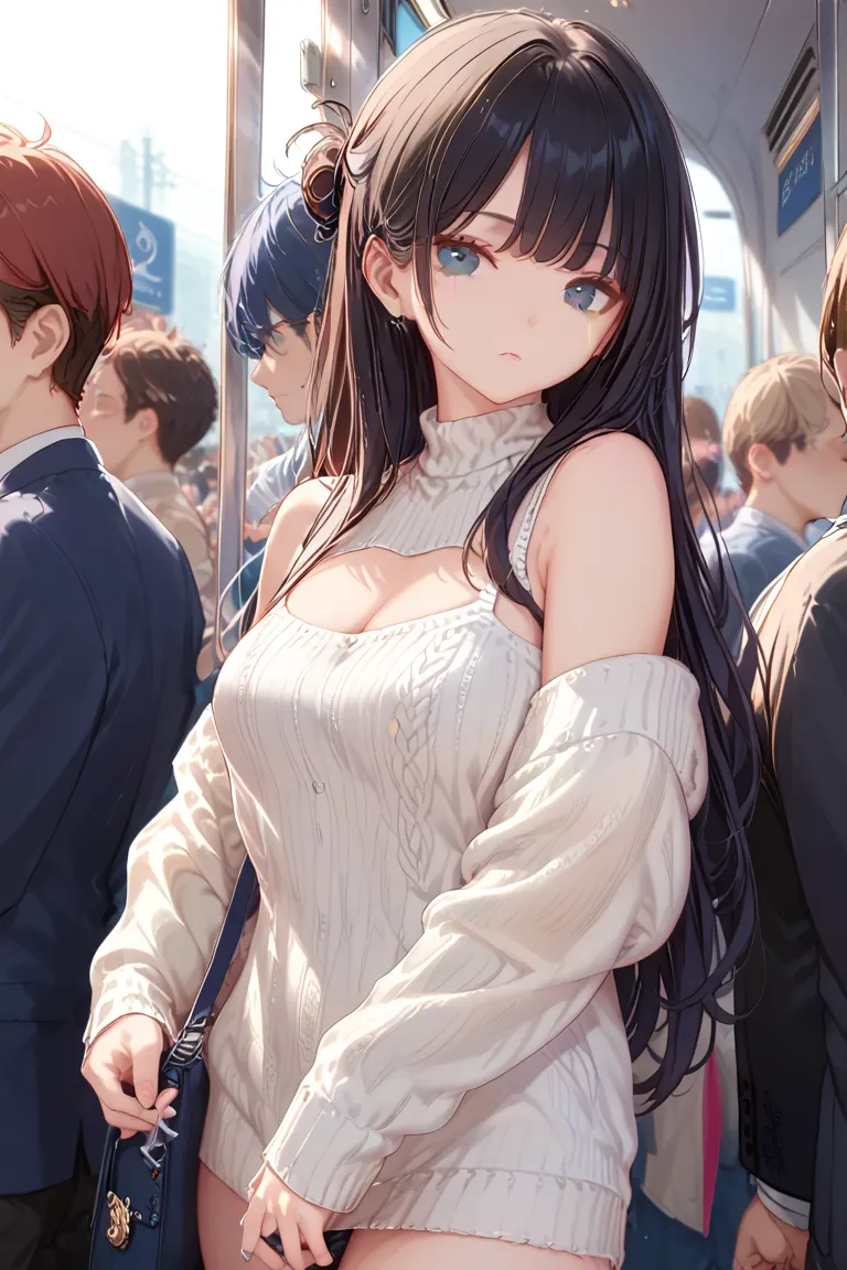 The hand of a man holding scissors approaching the back of an adult woman in a white sweater with an empty back and a black miniskirt while standing on a crowded train。expressionless profile。Black hair, long hair up to the waist, and dark eyes。high quality...