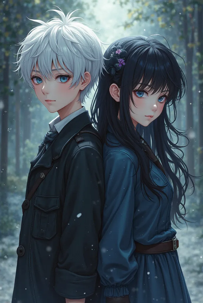 White Haired Boy Blue Eyes Next To Black-Haired Girl Black Eyes In Anime Character 