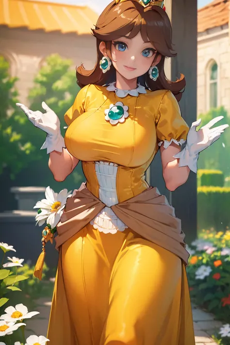 ((masterpiece,best quality,ultra-delicate,Perfect Face,detailed eyes,16k,high resolution,very beautiful girl)), princess daisy, yellow princess long skirt dress, white gloves, brown hair,large breasts,,smile,energetic,many flower garden,heart hands