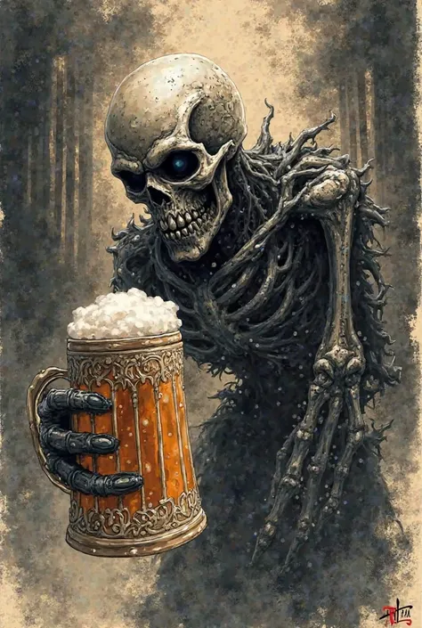 Skull monster　I have a beer mug　 ink painting　