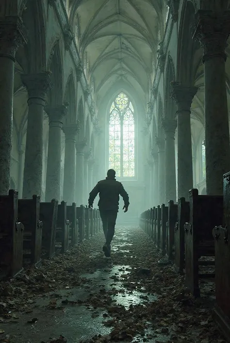 Man running through a destroyed church in despair his face can't be seen 