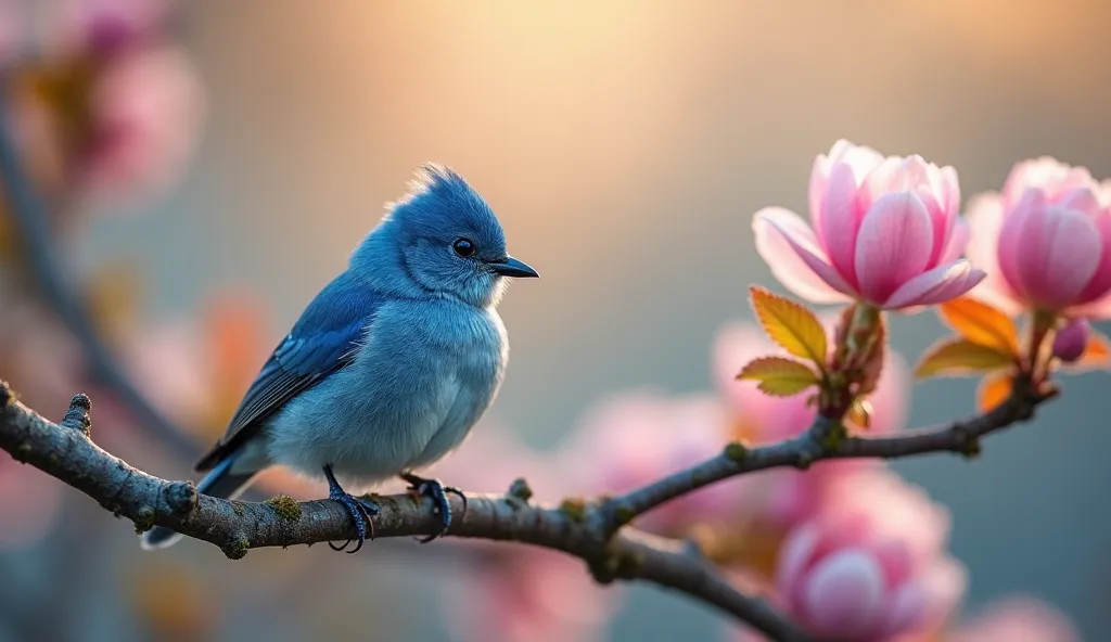 A small, vibrant blue bird perches on a branch, positioned slightly off-center to the right side of the image. The bird is in profile view, facing to its left, its gaze directed towards the viewer. Its plumage is a rich, deep blue, appearing soft and fluff...