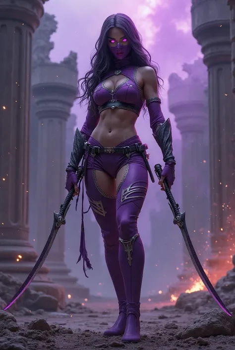 Create a hyper-realistic, ultra-detailed 4K render of a fierce and captivating female warrior, inspired by Mileena, standing in a dramatic full-body pose inside a dark, mystical battlefield, surrounded by purple energy and drifting embers. She has a strong...