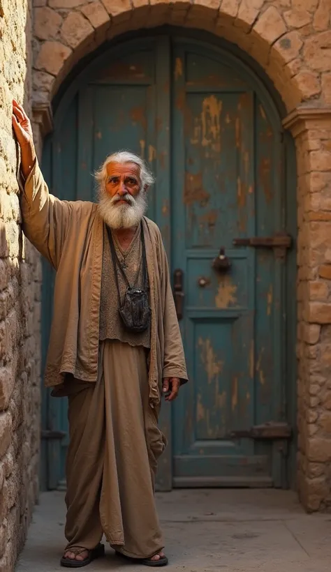 "An elderly Arab beggar stands before an ancient, weathered door, gently raising his hand to knock. He wears tattered traditional garments, and his weathered face, marked by deep wrinkles and soulful eyes, reflects a life of hardship and resilience. The se...