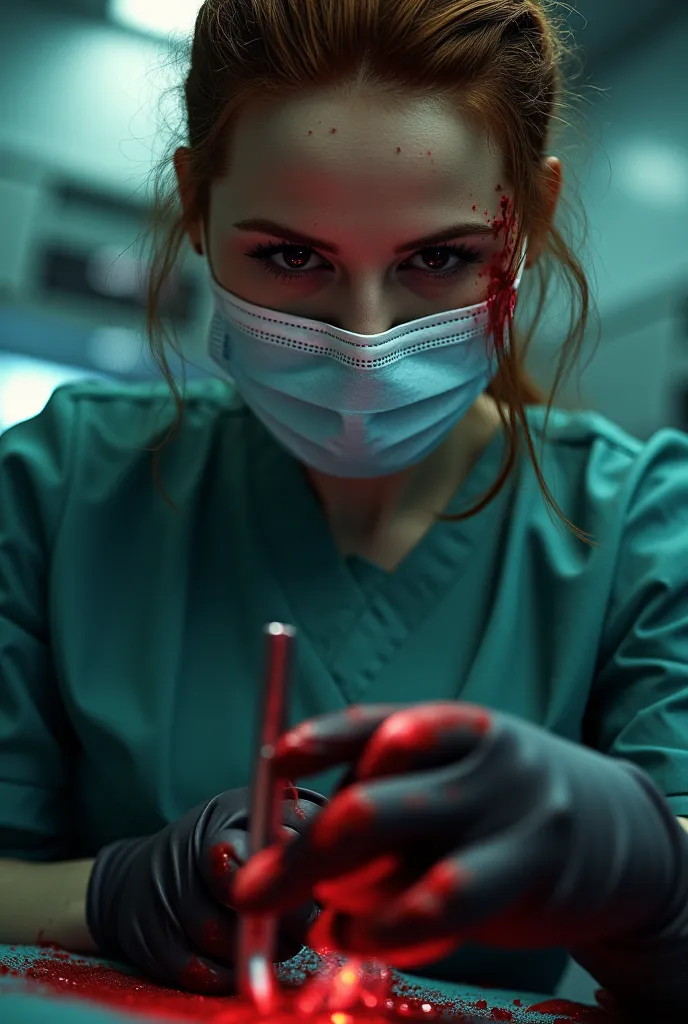 Surgical nurse wearing black latex gloves,Manual scalpel,All PPE was covered in blood., red eyes