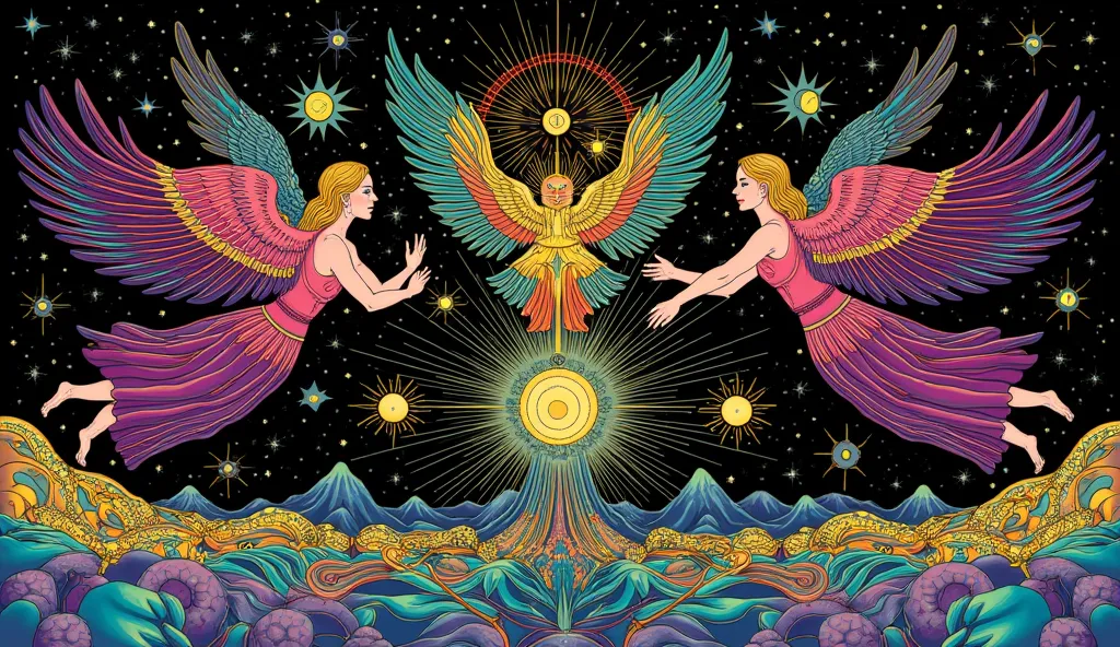 Angels in night sky

 psychedelic cosmic, oniric, fluid, ethereal,alex gray, Robert crumb, Hiroshi Nagai, paul laffoley, Magnificent, mystical,,
 psychedelic illustration,  alchemy (colors: purple, yellow, blue, green, orange, black)