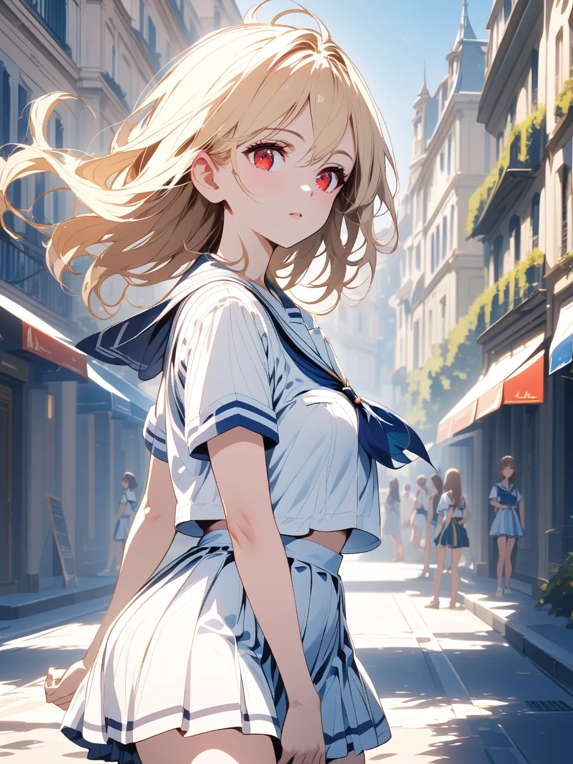 Sailor suit summer uniform, blonde medium hair,  girl with red eyes, Alone, French cityscape in the background,  alert ,  knee shot, corruption,  Shade, miniskirt, 