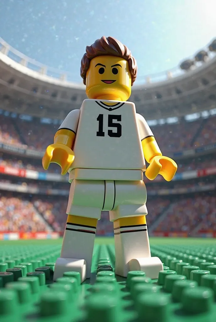 A male soccer player with Lego pieces, white Lego shirt, white Lego pants, black shirt number, white socks, stadium scene