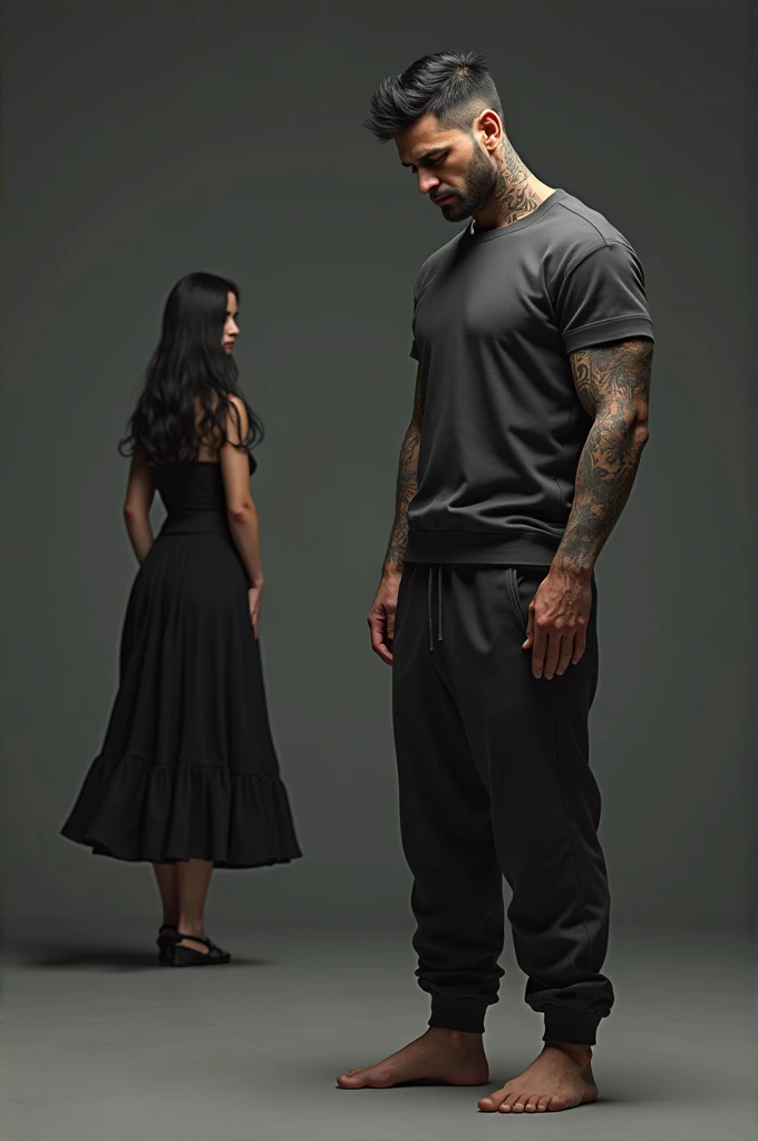 Create a 3D illustration featuring a handsome and realistic 34-year-old man, short black hair, trimmed beard, Muscular, with tattoos, busy with a sad face in front . The character must be wearing black sweatpants and a black sweatshirt , with a woman dress...