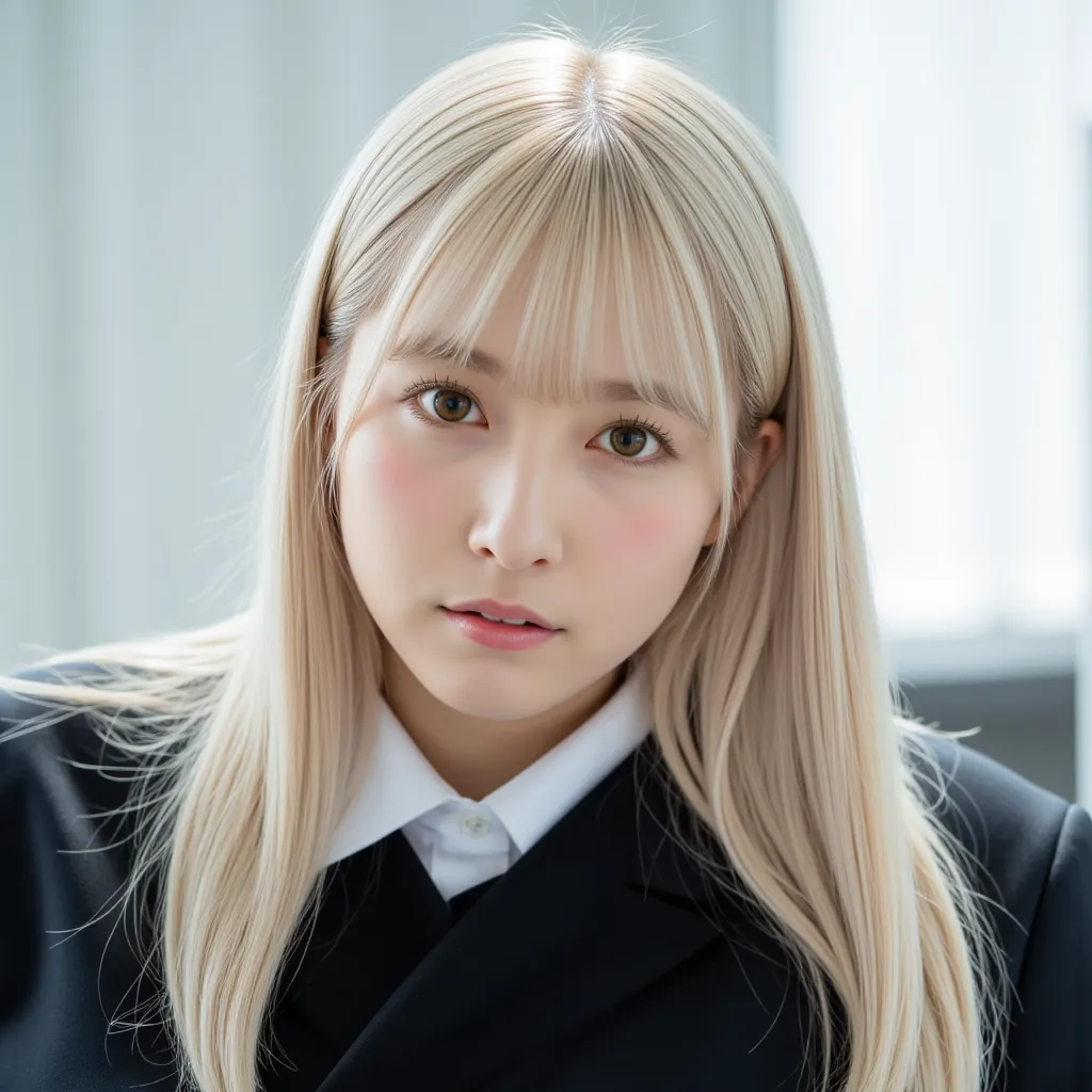 white blond long hair、 hairstyle is straight、 black uniform、 light background