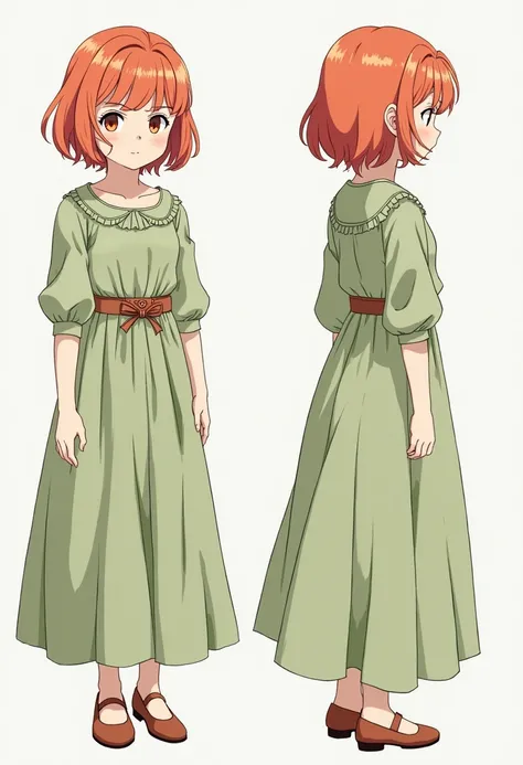 A full-body anime-style character sheet of girl with short red hair and striking orange eyes. She wears a long, elegant green dress with a belt around her waist. Her appearance is innocent, sweet, and gentle, resembling a common countryside girl. The desig...