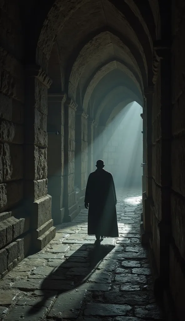 A mysterious shadow moving quickly through the dark hallways of the Vatican, with stone walls and Gothic arches. Suspenseful atmosphere, dim lighting, and long shadows. Realistic style, dark tones, and a touch of drama.