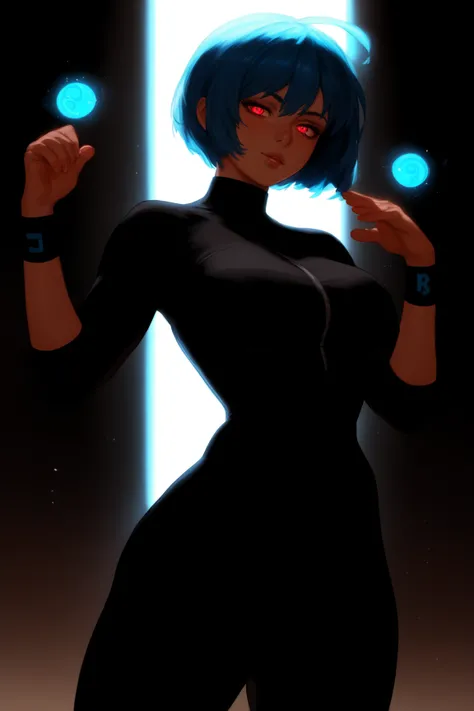 Slime woman, blue skin, blue hair, short hair, red eyes,Black wristband, black bodysuit, black pants ,Anime style 