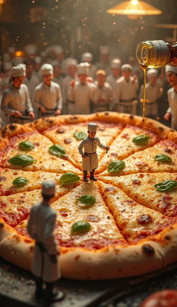 A beautifully detailed, hyper-realistic image of tiny chefs slicing a gigantic, steaming pizza. The melted cheese stretches dramatically between slices, glowing under the golden kitchen lights. Some chefs are using enormous pizza cutters, while others care...