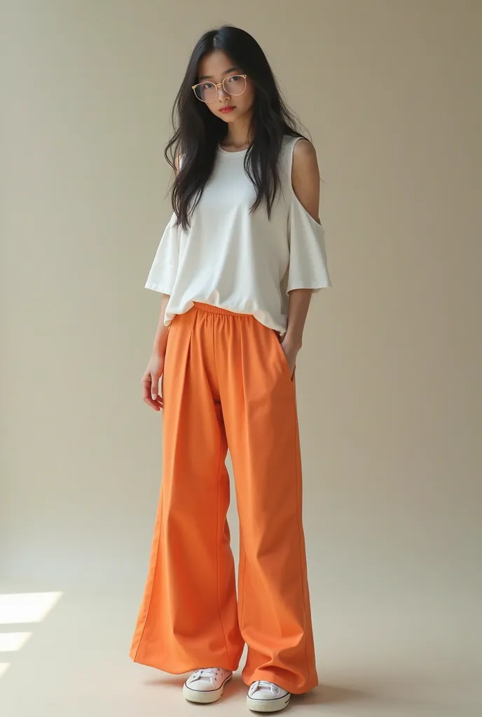 Create a 25-year-old Asian eyeglass girl, with long black hair, brown eyes and a white cut sleeve t-shirt dress, orange flared pants and white Converse pants