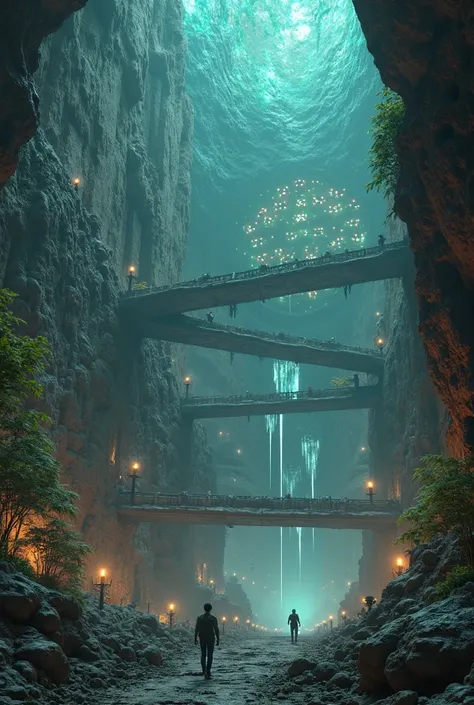 high-resolution 8K, ultra-detailed, cinematic lighting, deep underground cavern illuminated by glowing ancient structures, massive subterranean city hidden beneath the Earth, towering monolithic buildings with intricate carvings, bioluminescent plants and ...