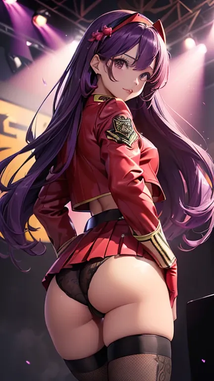 Athena Assam  ，((  Beautiful long purple hair  ，  diadema roja))，(8K，  Realistic，  RAW photos，highest quality:1.28)，  beautiful face，  Realistic lips，  Beautiful and fine hair  ，Charm，intricate details，  very beautiful and detailed  ，( uniform red jacket  ...