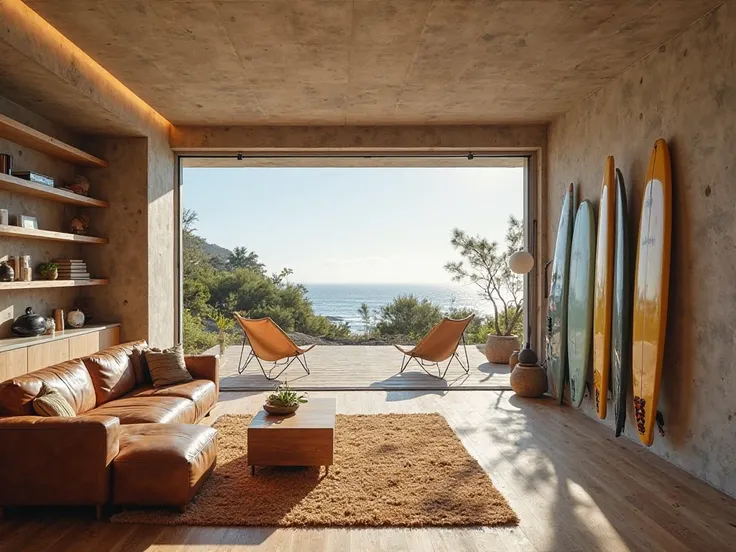 inside view of a house, clean space, living room, 6m wide, with rustic wooden floors, clean concrete wall on the left with lines of wooden shelfs as a library, on the right wall, the first half is's just clean concrete, the second part, the one closser to ...