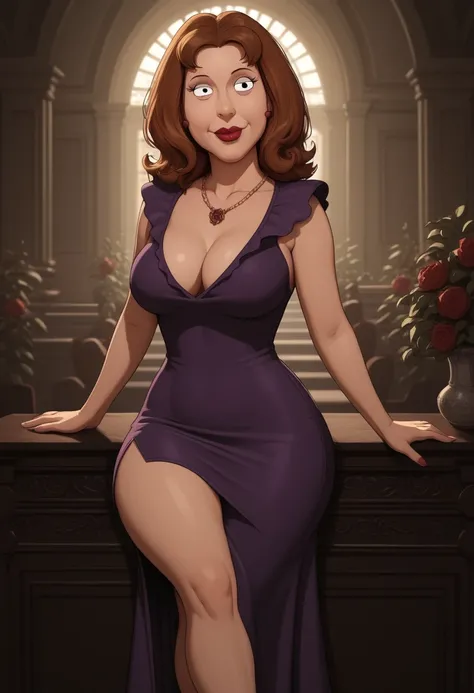 diane simmons,  black eyes, Whole body, big thighs, big butt,  lascivious smile,  looking at the spectator, tight dress, crossed legs,  black eyes, Whole body,  purple dress ,  short dress, very sexy, victa full body, , First date , , sitting , 1 woman, al...