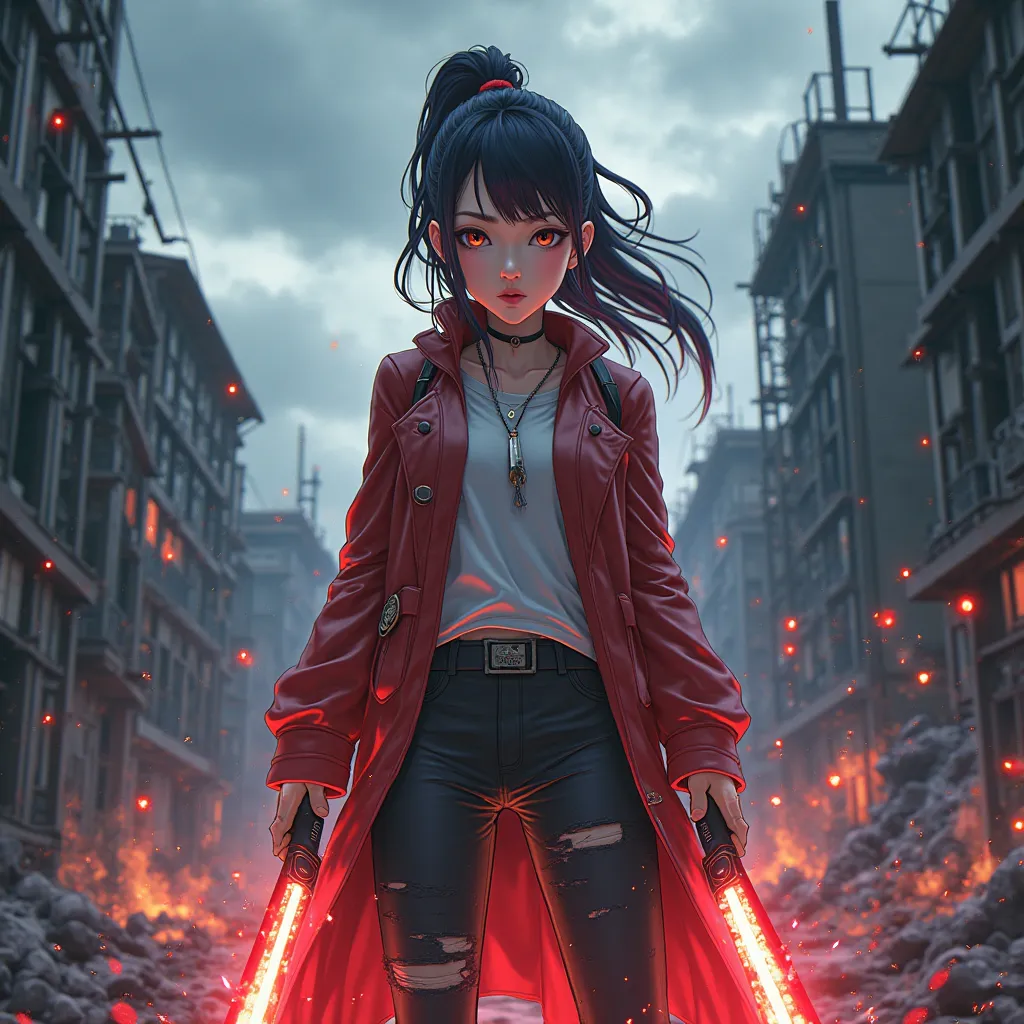 Create an image of Quanxi from Chainsaw Man in the style of the anime Jujutsu Kaisen, female character standing with serious expression, combat weapons in the hands, surrounded by supernatural energy, in a gloomy cityscape with destroyed buildings and clou...