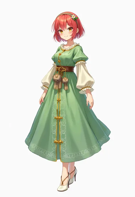 Character sheet of a cute and innocent medieval anime-style girl, full-body view, wearing a long green dress with a belt and a small pouch at her waist. She has short red hair, yellow eyes, and a flower in her hair. She is wearing white high heels. The bac...