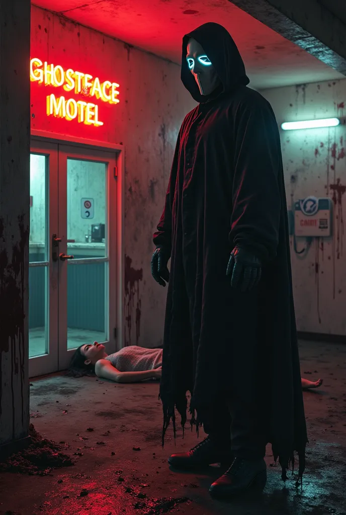 Background Motel with a neon sign words that say Ghostface motel with Ghostface from the horror movie scream wearing black cloak black gloves inside Motel room Walls bloodied female laying on floor 