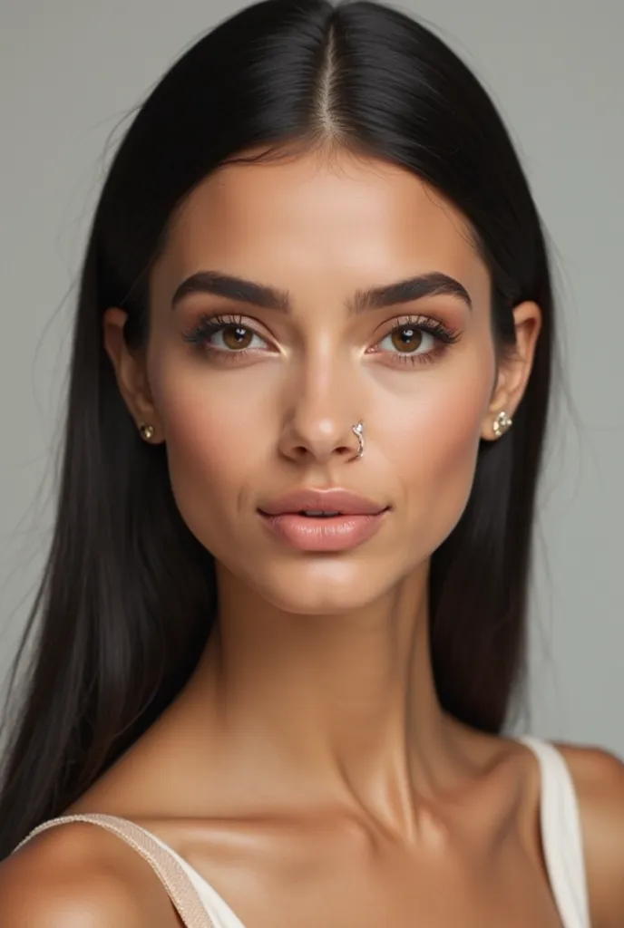 Slightly elongated oval face with a harmonious and proportional facial structure, skin tone ranging from ivory to light gold, straight and glossy dark black hair, high and smooth forehead with a slight curvature, thick eyebrows arched and well defined foll...