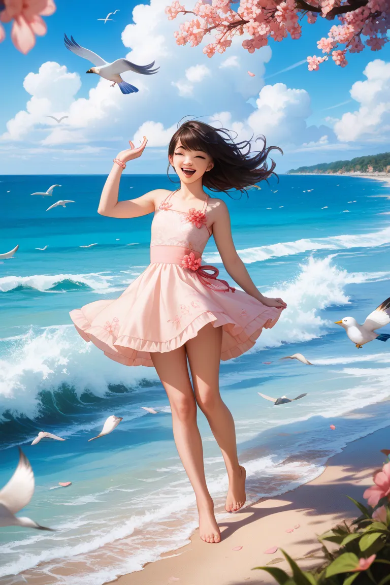 Ultra-realistic photography, 8K resolution, cinematic lighting, spring day at the beach. A small Asian girl (age 5-7) wearing a light pastel dress runs barefoot on the sandy shore, her hair blown by the wind, laughing joyfully. Several seagulls fly overhea...